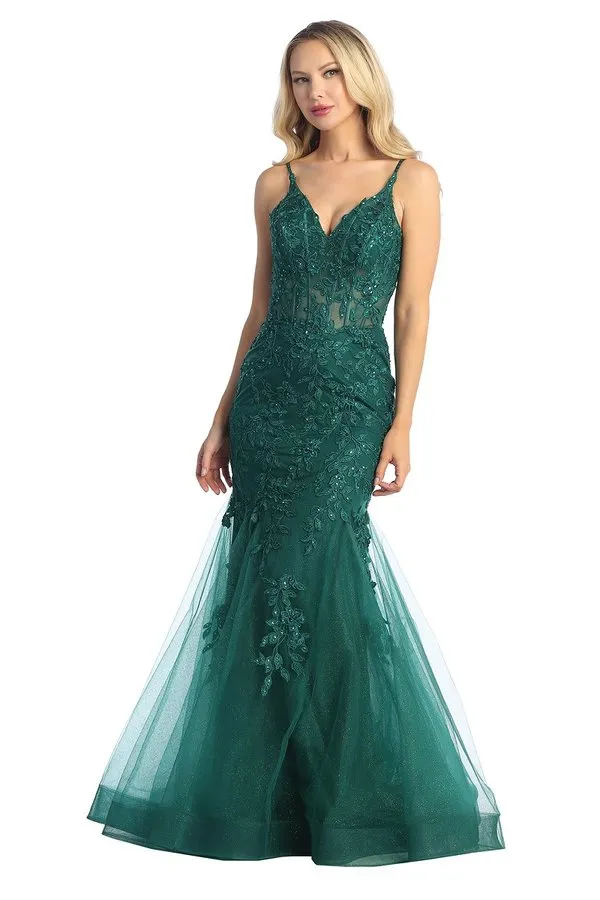LF 7834 - Beaded Lace Embellished Fit & Flare Prom Gown with Sheer Corset Bodice & Tulle Skirt
