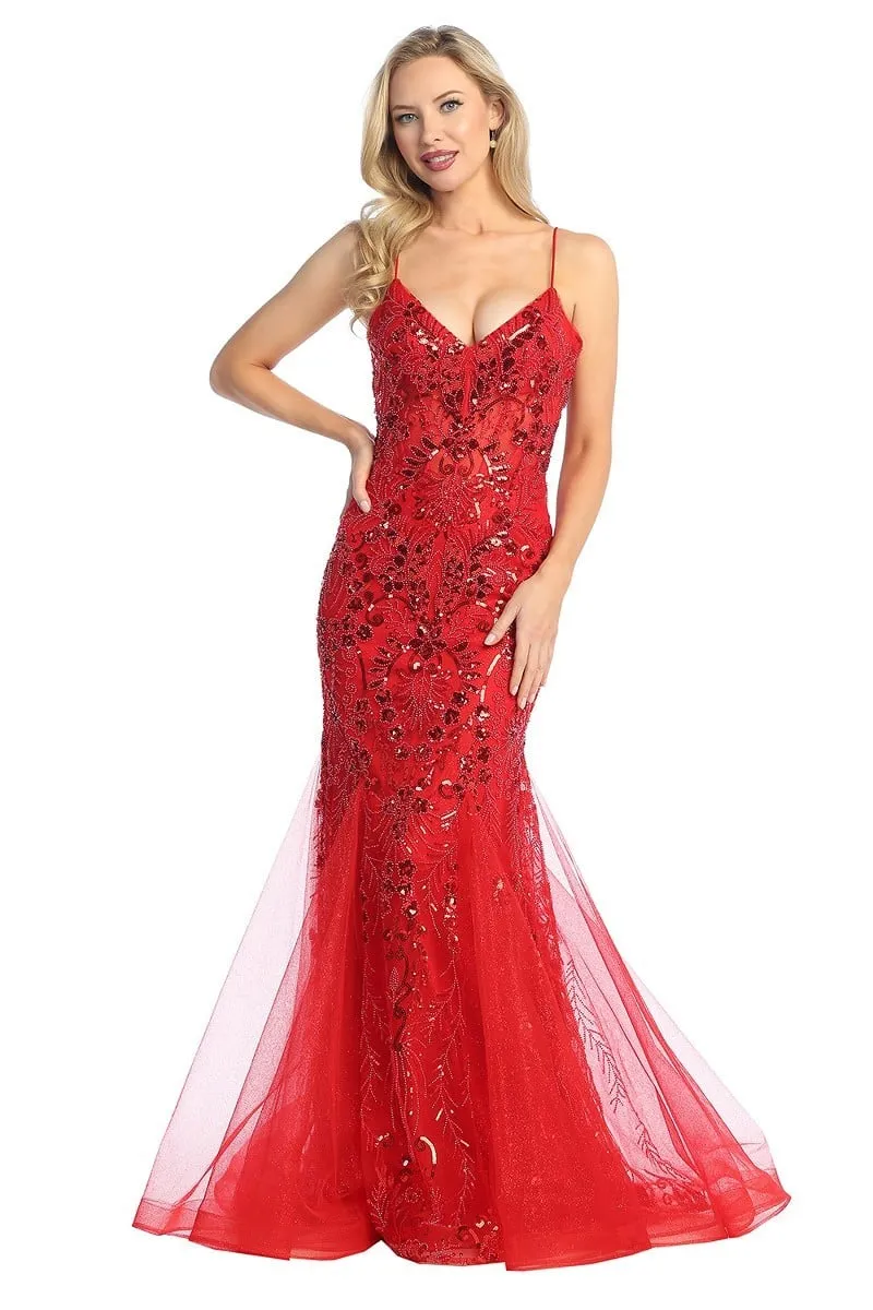 LF 7882 - Iridescent Sequin Embellished Fit & Flare Prom Gown with Sheer Boned Bodice
