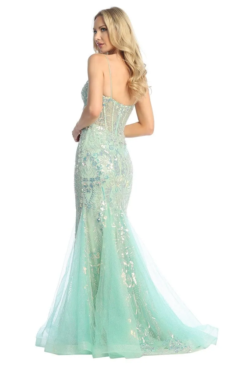 LF 7882 - Iridescent Sequin Embellished Fit & Flare Prom Gown with Sheer Boned Bodice