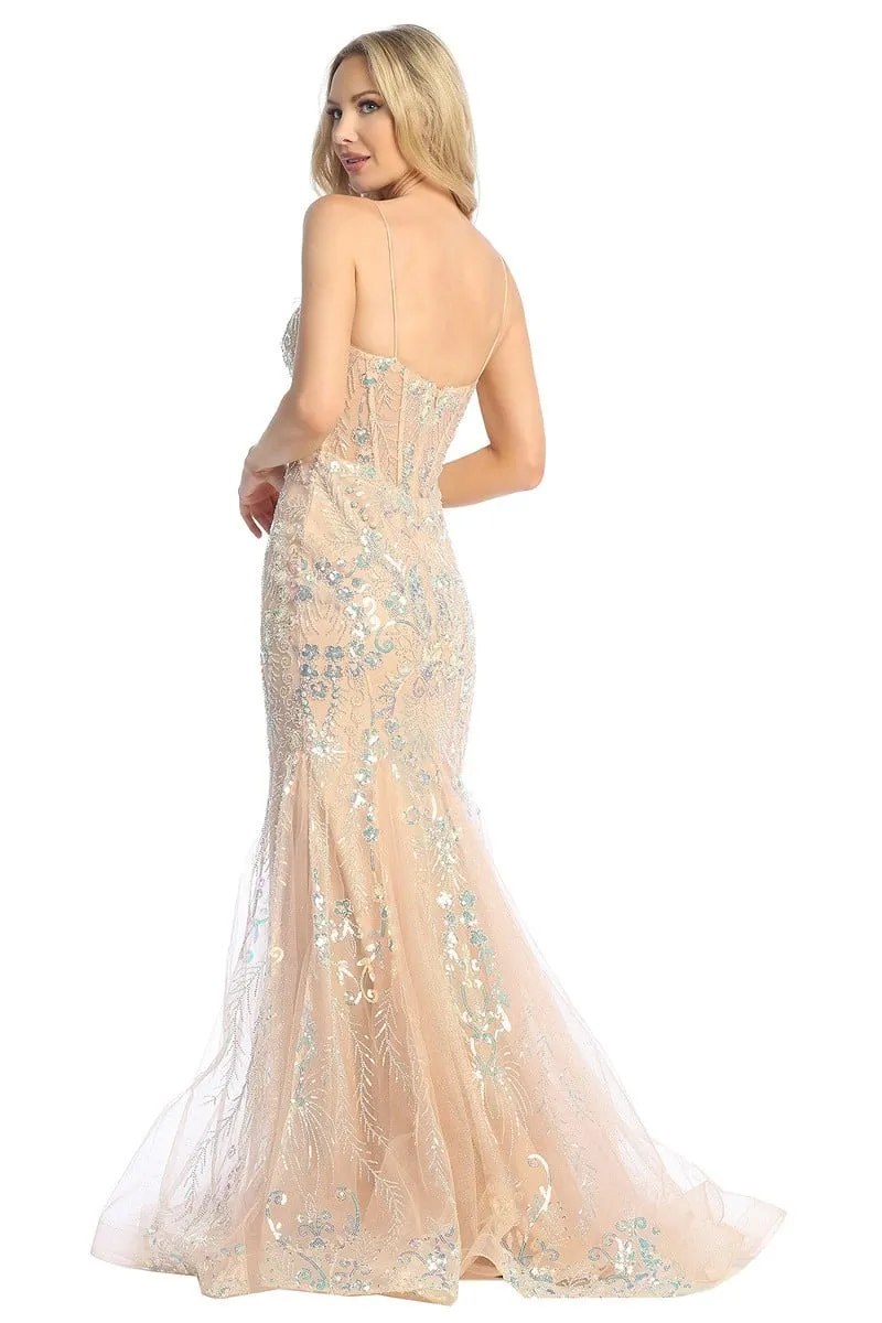 LF 7882 - Iridescent Sequin Embellished Fit & Flare Prom Gown with Sheer Boned Bodice
