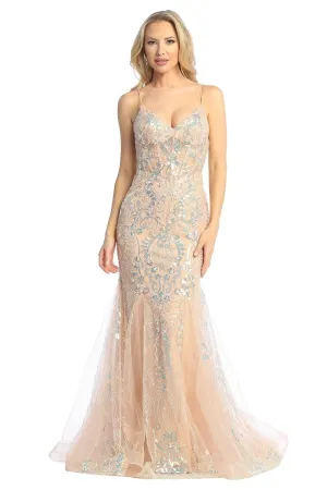 LF 7882 - Iridescent Sequin Embellished Fit & Flare Prom Gown with Sheer Boned Bodice