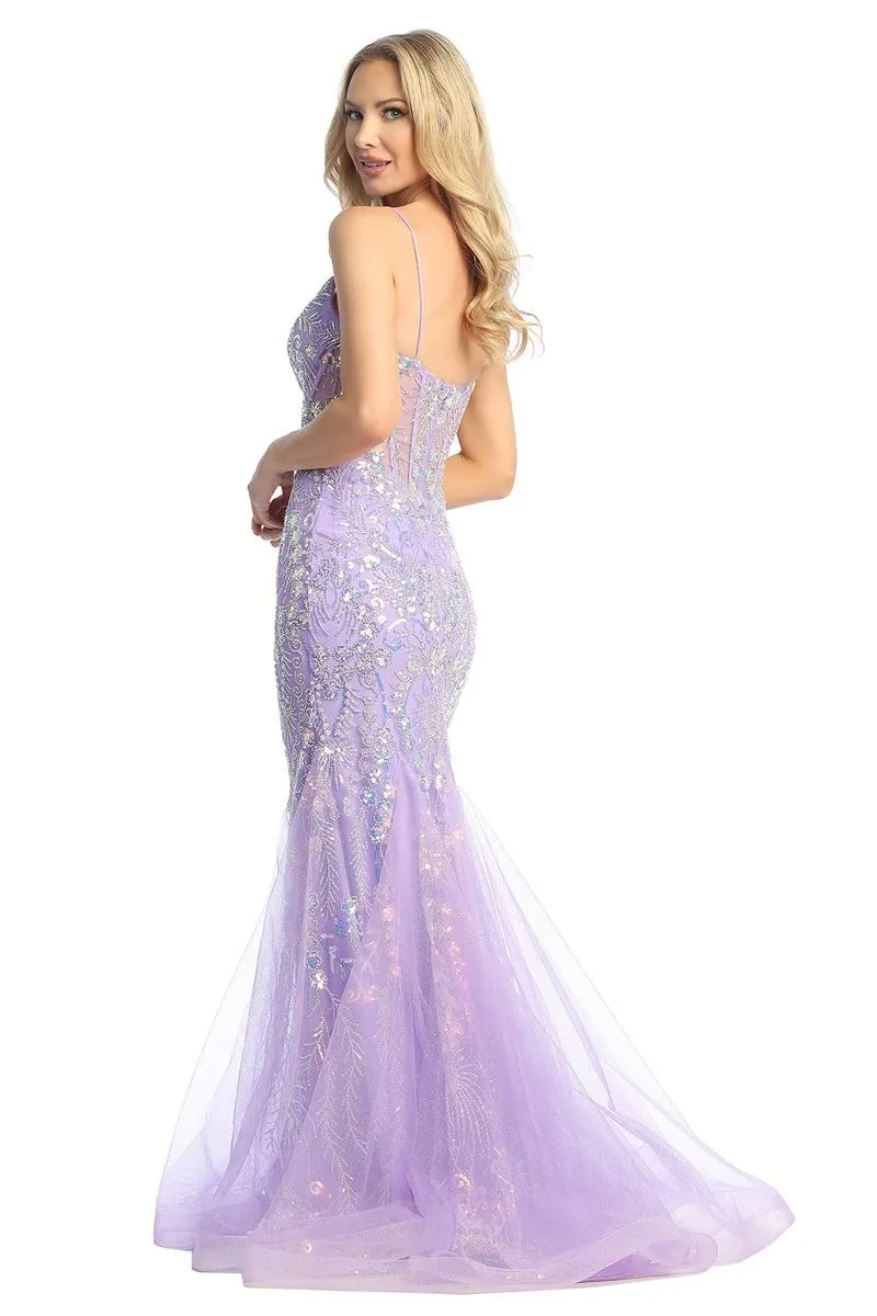 LF 7882 - Iridescent Sequin Embellished Fit & Flare Prom Gown with Sheer Boned Bodice