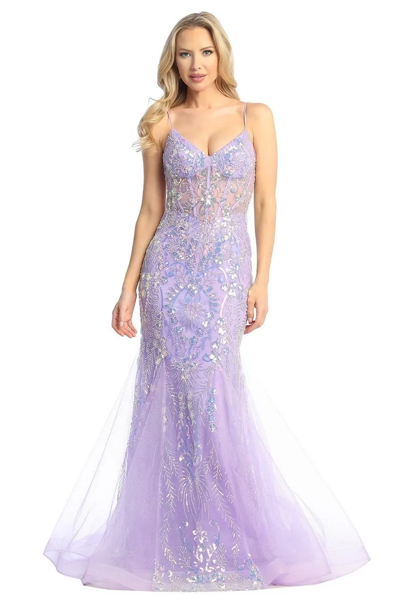 LF 7882 - Iridescent Sequin Embellished Fit & Flare Prom Gown with Sheer Boned Bodice
