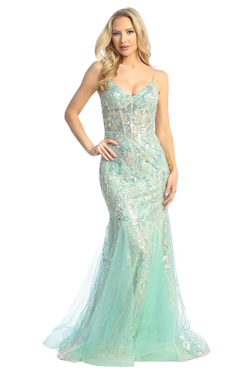 LF 7882 - Iridescent Sequin Embellished Fit & Flare Prom Gown with Sheer Boned Bodice