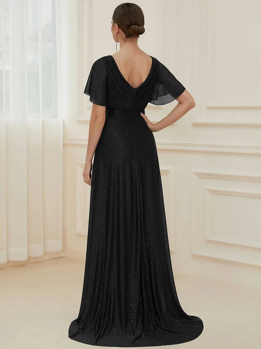 Lois flutter sleeve v neck glittering formal dress in black s22 Express NZ wide