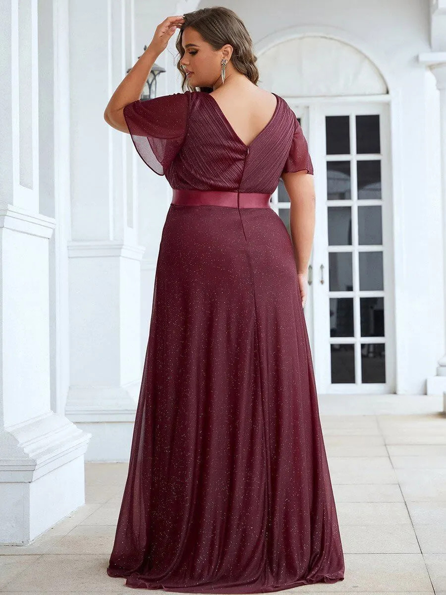 Lois flutter sleeve v neck glittering formal dress in burgundy Express NZ wide