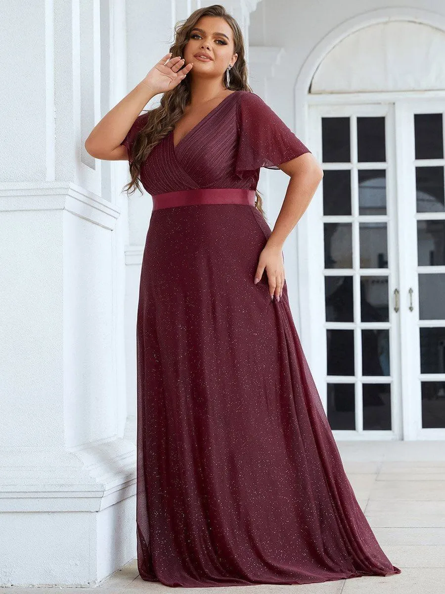 Lois flutter sleeve v neck glittering formal dress in burgundy Express NZ wide