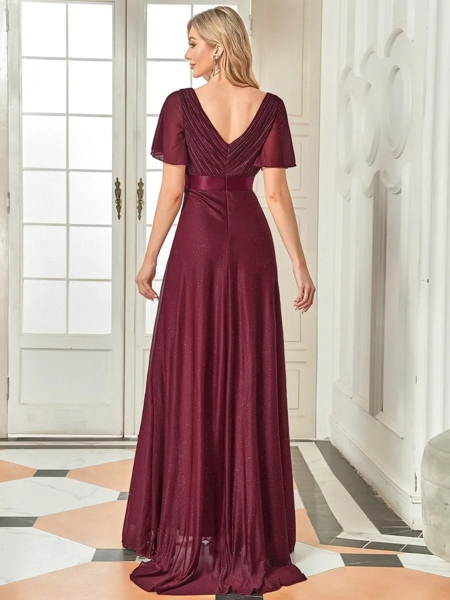 Lois flutter sleeve v neck glittering formal dress in burgundy Express NZ wide