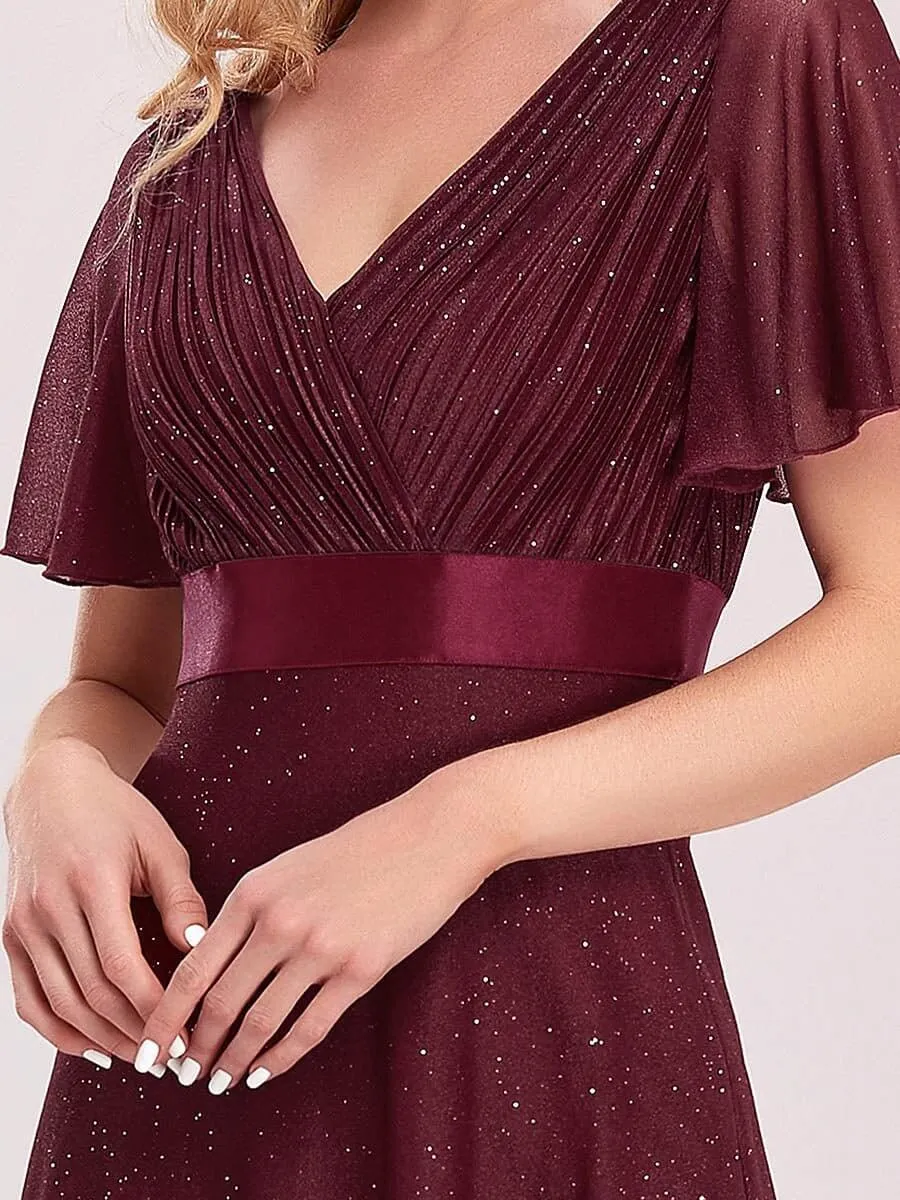 Lois flutter sleeve v neck glittering formal dress in burgundy Express NZ wide