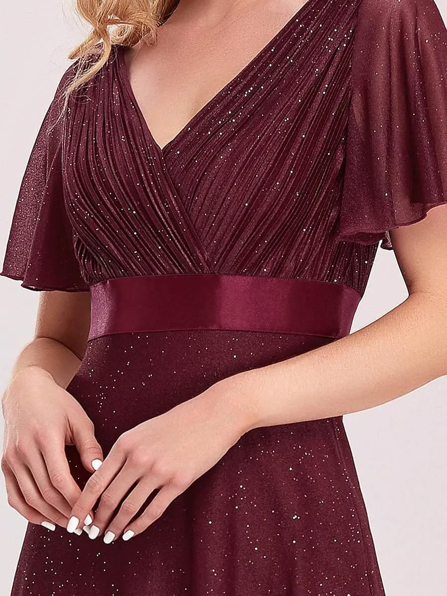 Lois flutter sleeve v neck glittering formal dress in burgundy Express NZ wide
