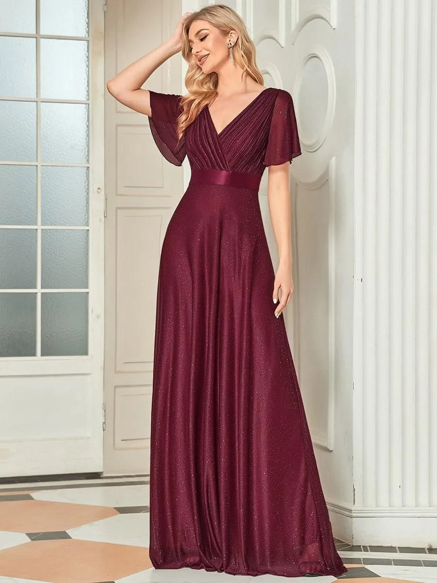 Lois flutter sleeve v neck glittering formal dress in burgundy Express NZ wide
