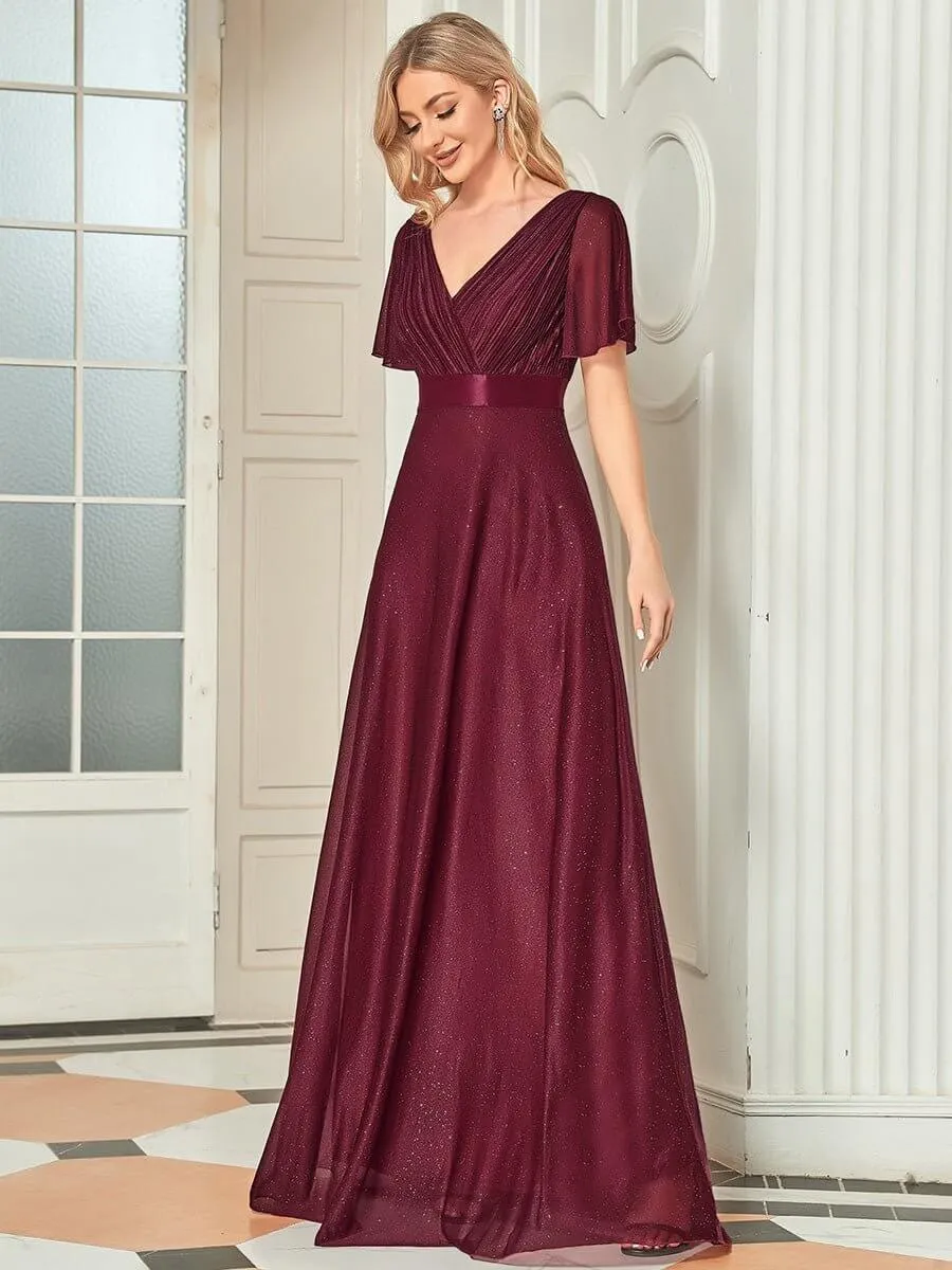 Lois flutter sleeve v neck glittering formal dress in burgundy Express NZ wide
