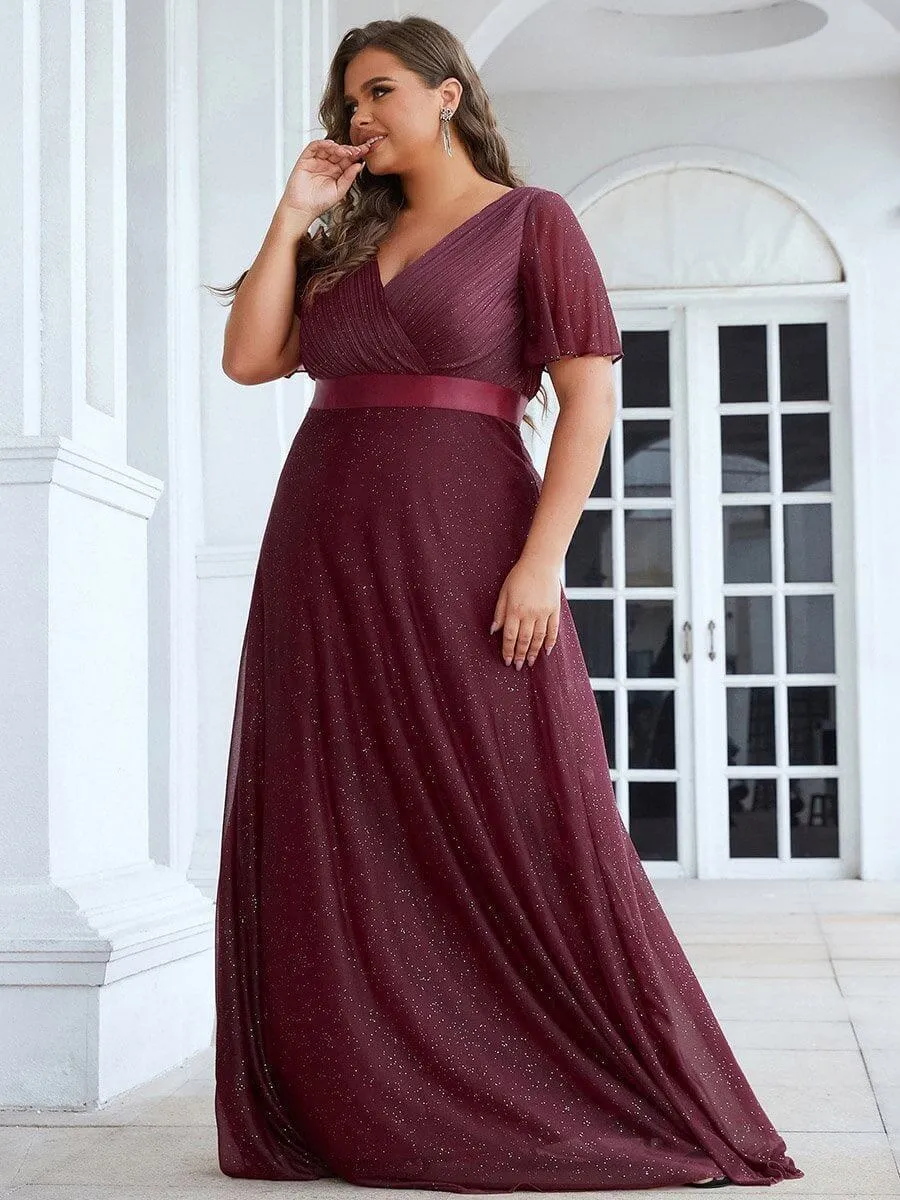 Lois flutter sleeve v neck glittering formal dress in burgundy Express NZ wide