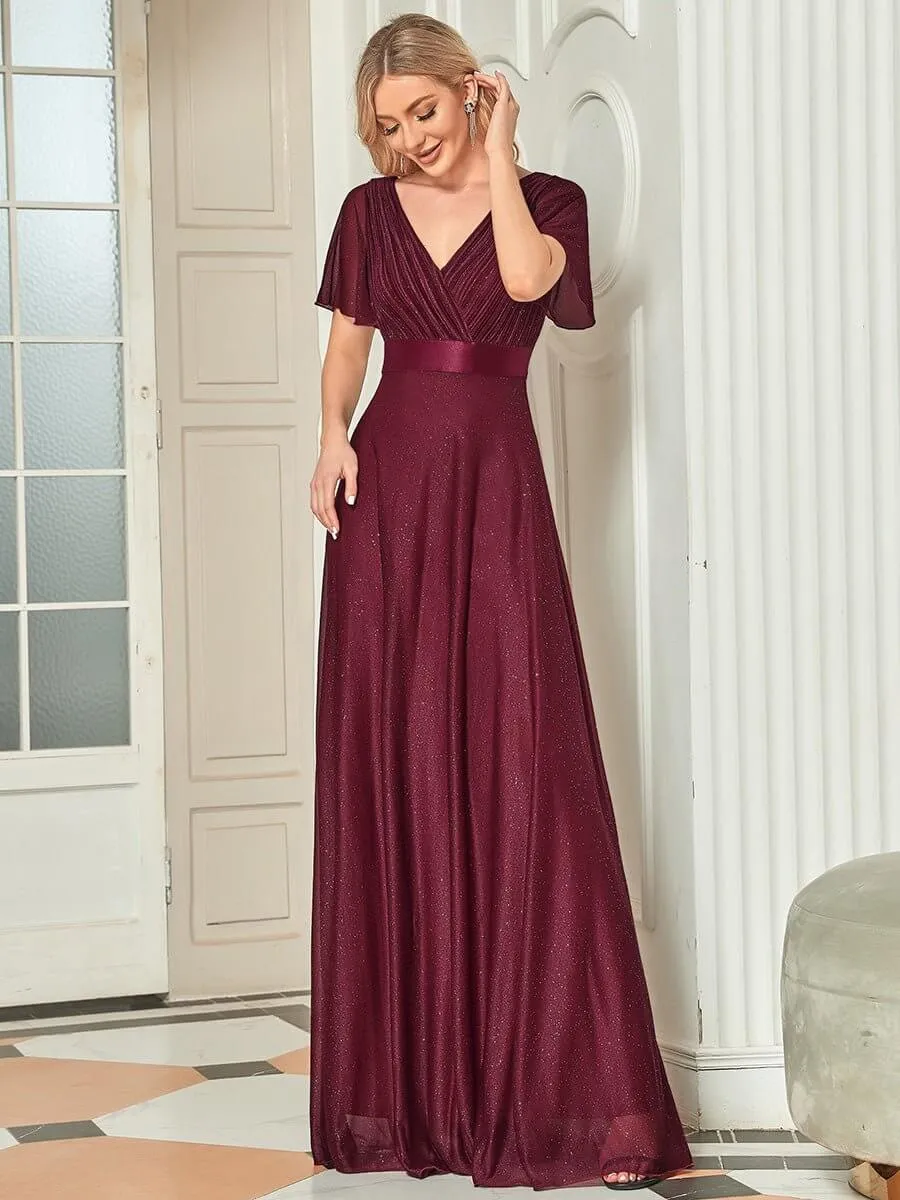 Lois flutter sleeve v neck glittering formal dress in burgundy Express NZ wide