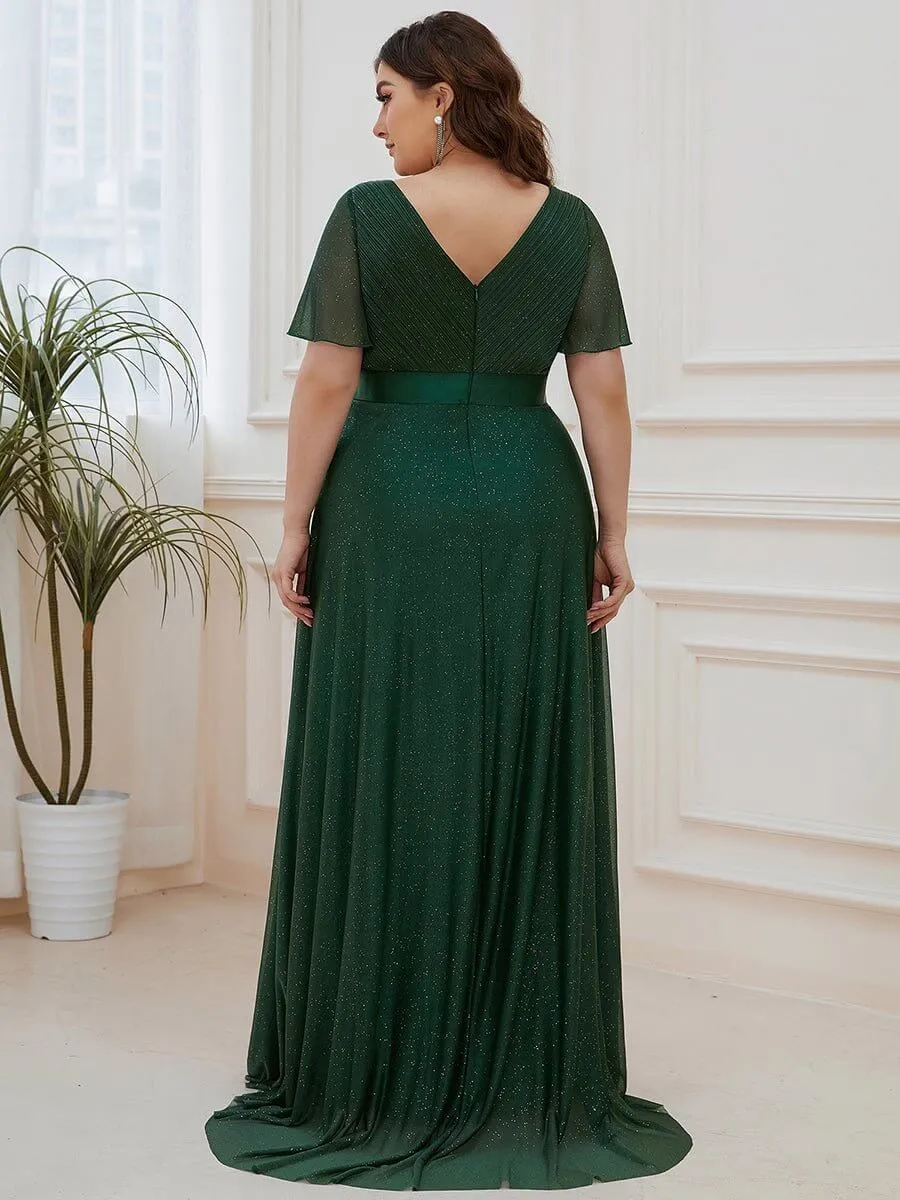 Lois flutter sleeve v neck glittering formal dress in emerald s28 Express NZ wide