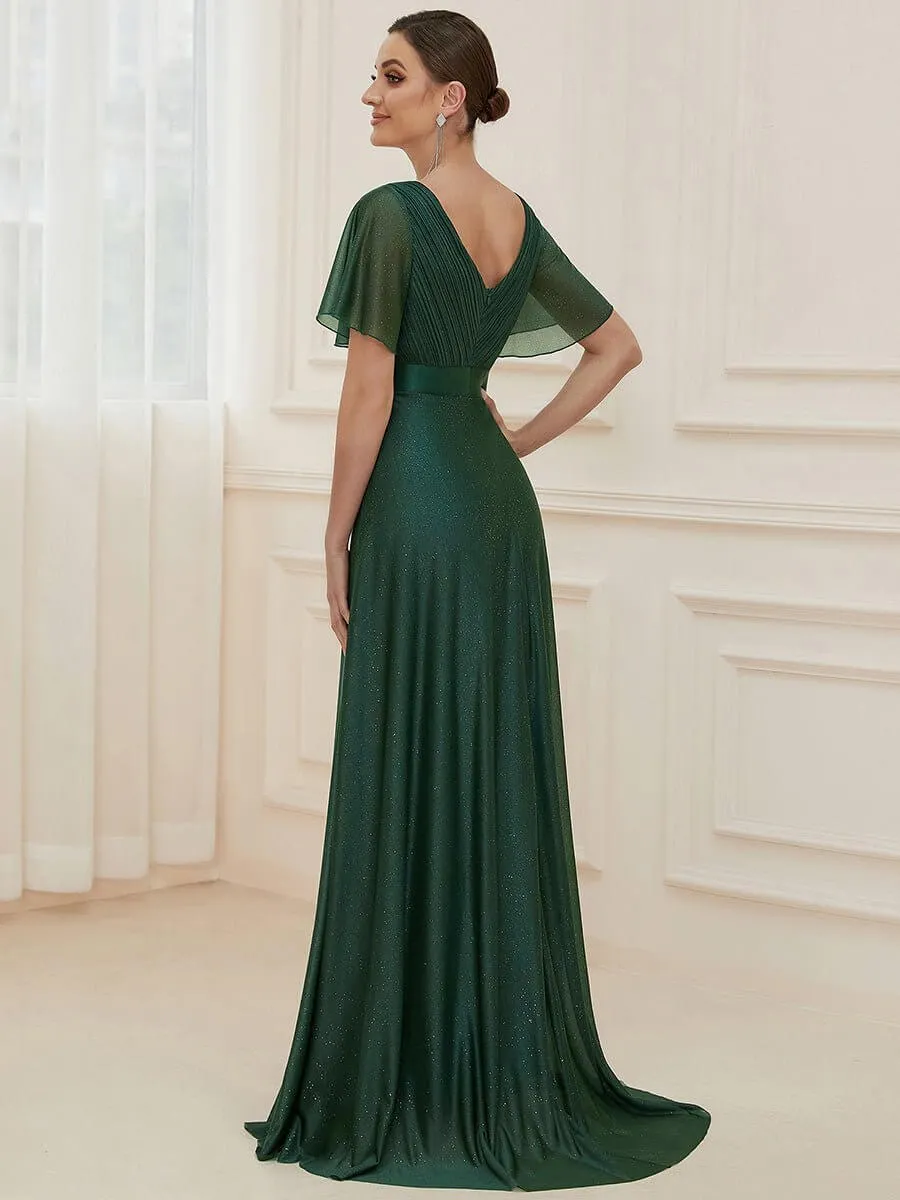 Lois flutter sleeve v neck glittering formal dress in emerald s28 Express NZ wide