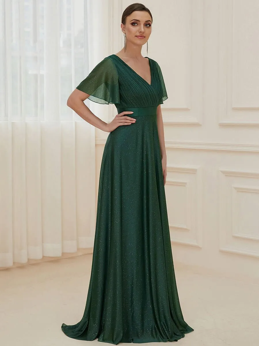 Lois flutter sleeve v neck glittering formal dress in emerald s28 Express NZ wide