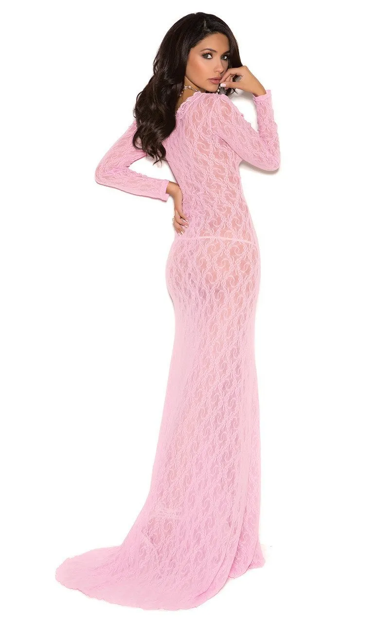Long Lace Nightgown with Long Sleeved V-neck