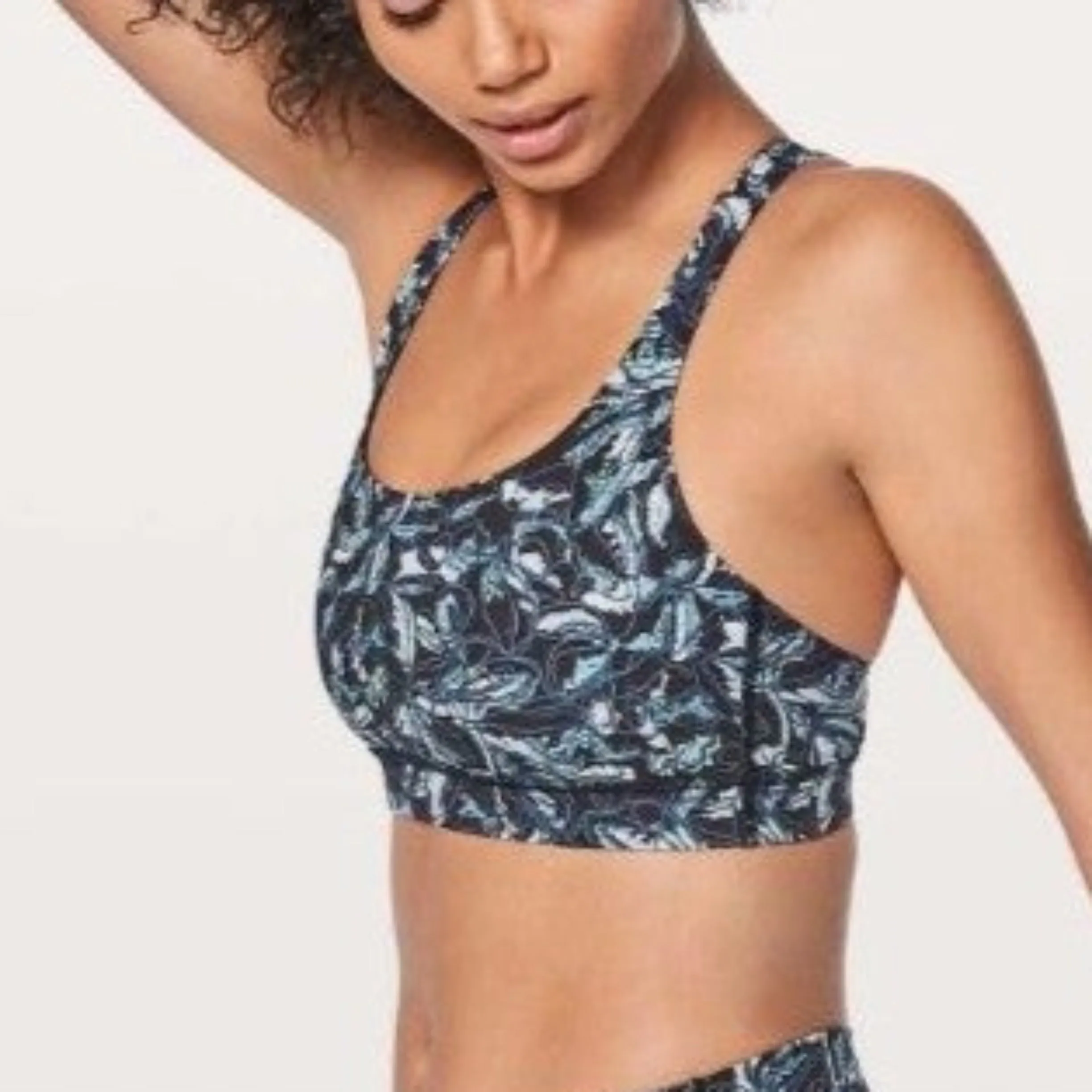 LULULEMON Blue/Black Floral Energy Longline Athletic Sports Bra Size 10