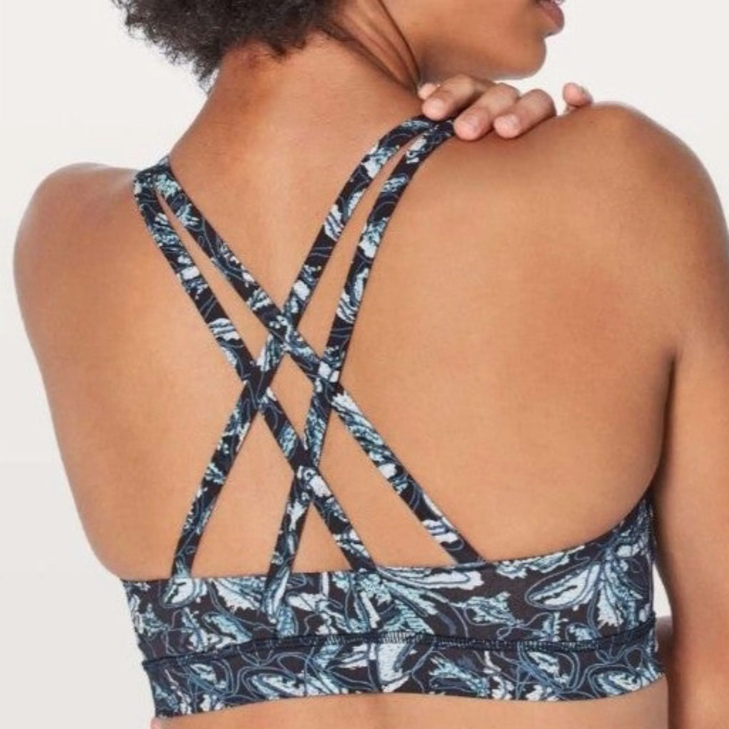LULULEMON Blue/Black Floral Energy Longline Athletic Sports Bra Size 10