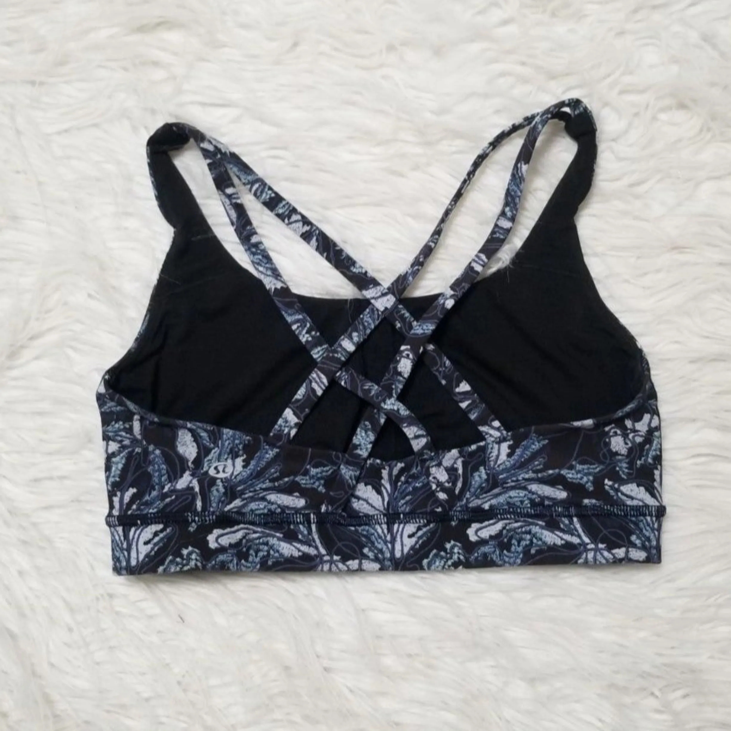 LULULEMON Blue/Black Floral Energy Longline Athletic Sports Bra Size 10
