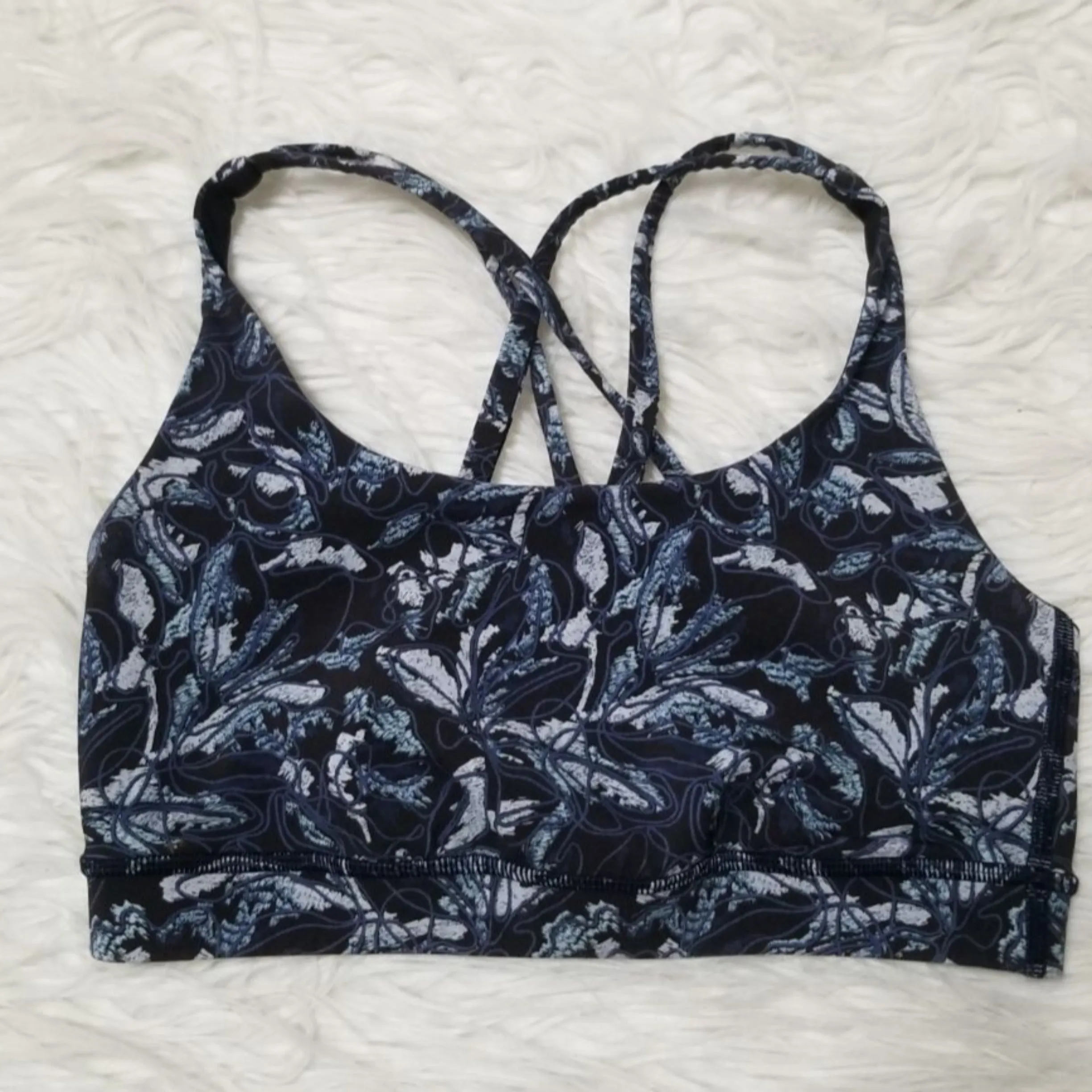 LULULEMON Blue/Black Floral Energy Longline Athletic Sports Bra Size 10