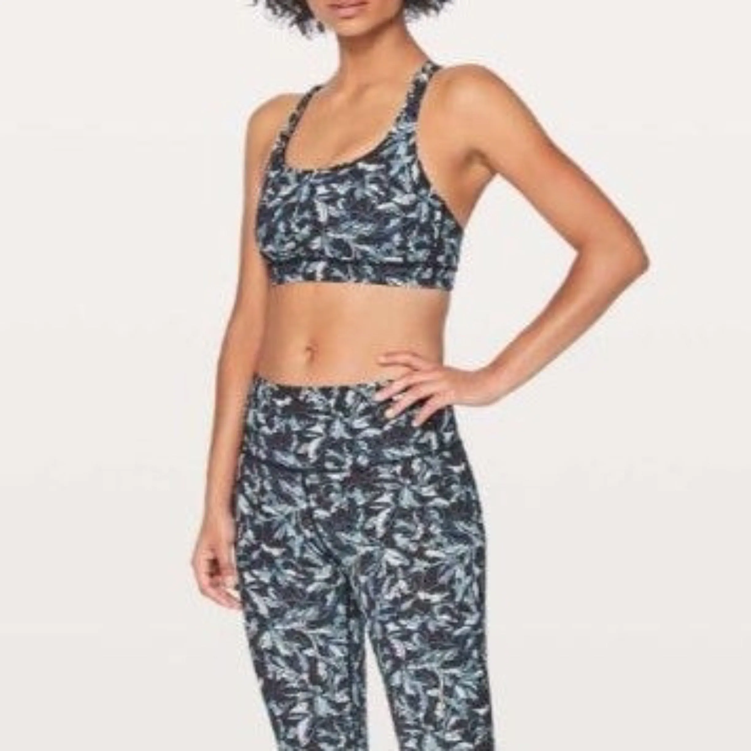 LULULEMON Blue/Black Floral Energy Longline Athletic Sports Bra Size 10