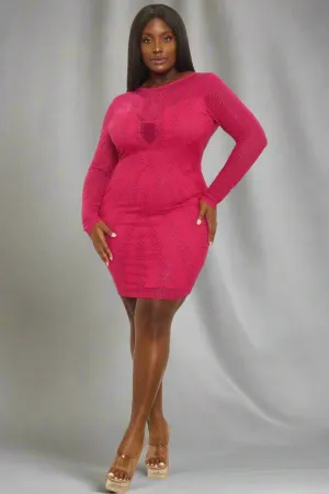 Magenta Rhinestone Mesh Plus Size Mini Dress