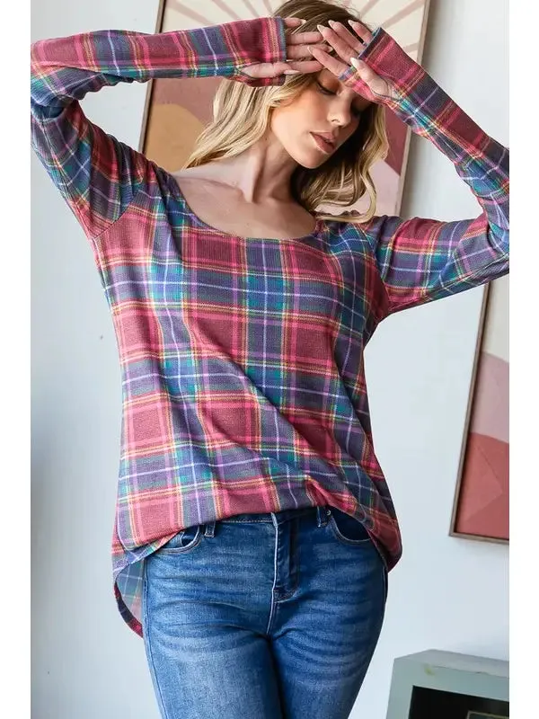 Melissa Navy   Red Plaid Long Sleeve Top with Thumbhole