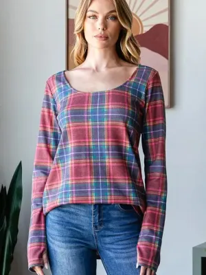Melissa Navy   Red Plaid Long Sleeve Top with Thumbhole