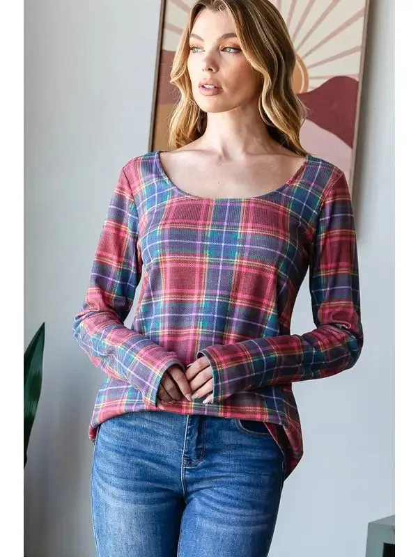 Melissa Navy   Red Plaid Long Sleeve Top with Thumbhole