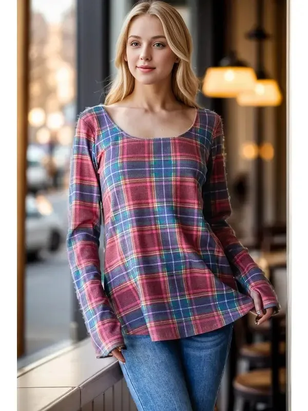 Melissa Navy   Red Plaid Long Sleeve Top with Thumbhole