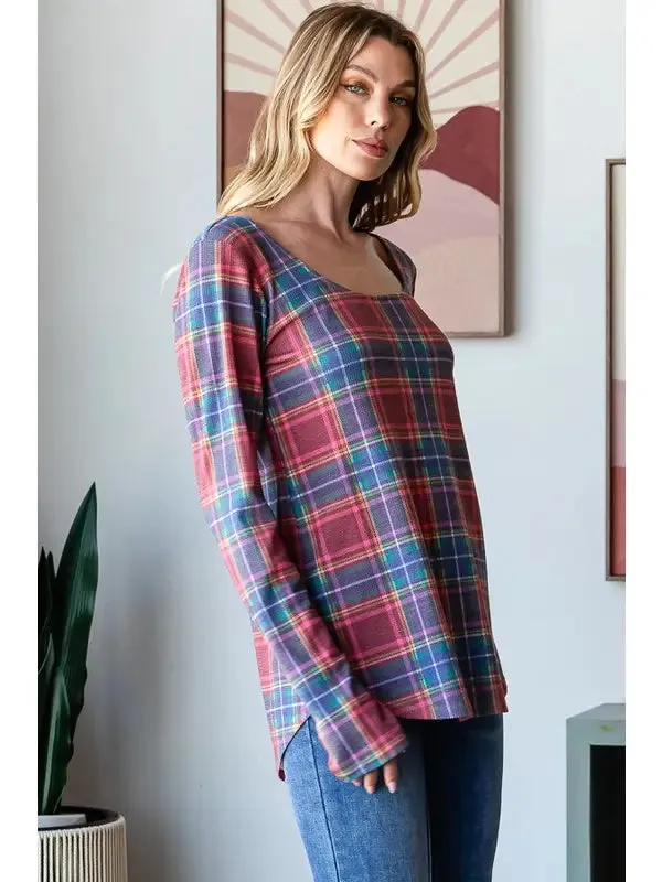 Melissa Navy   Red Plaid Long Sleeve Top with Thumbhole