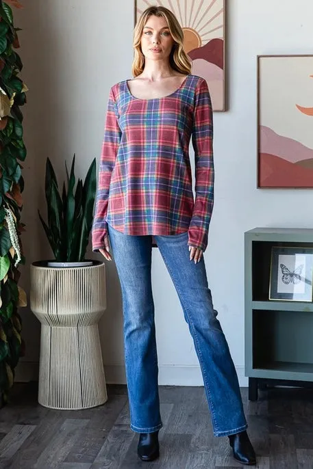 Melissa Navy   Red Plaid Long Sleeve Top with Thumbhole