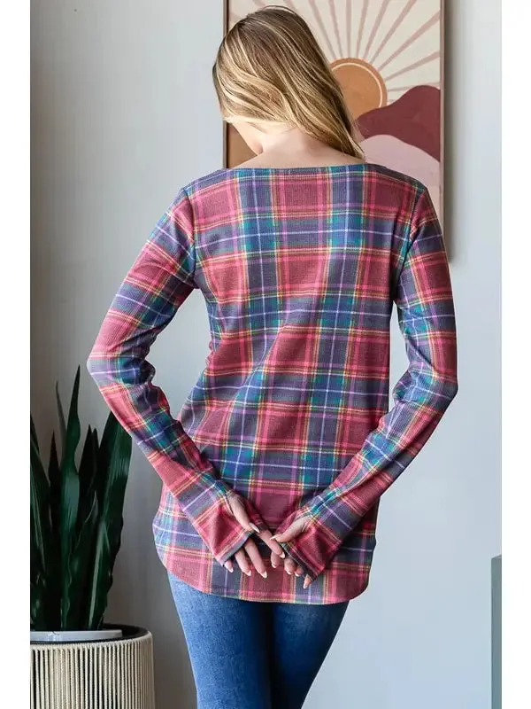 Melissa Navy   Red Plaid Long Sleeve Top with Thumbhole