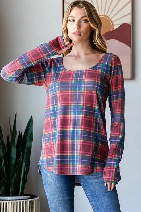 Melissa Navy   Red Plaid Long Sleeve Top with Thumbhole