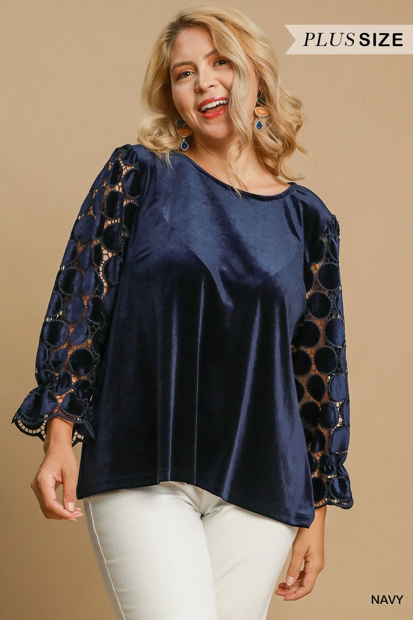 Micah Lace Polkadot Velvet Top - Navy