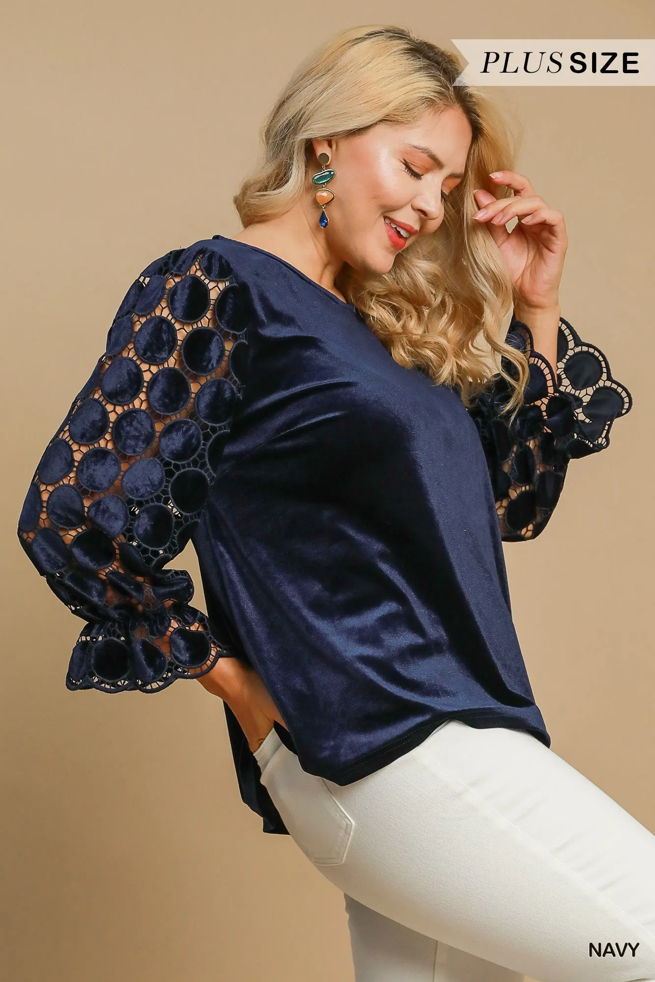 Micah Lace Polkadot Velvet Top - Navy