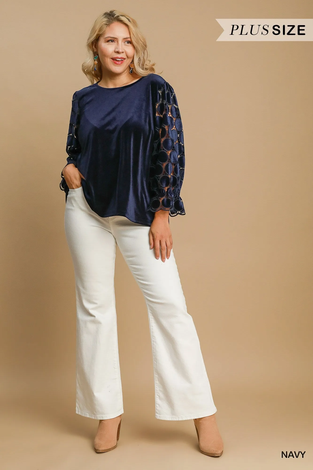 Micah Lace Polkadot Velvet Top - Navy