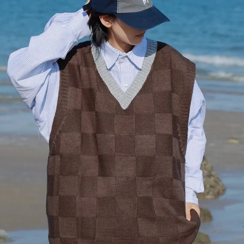 Minimalist Solid ColorCheckerboard Knitted-Vest