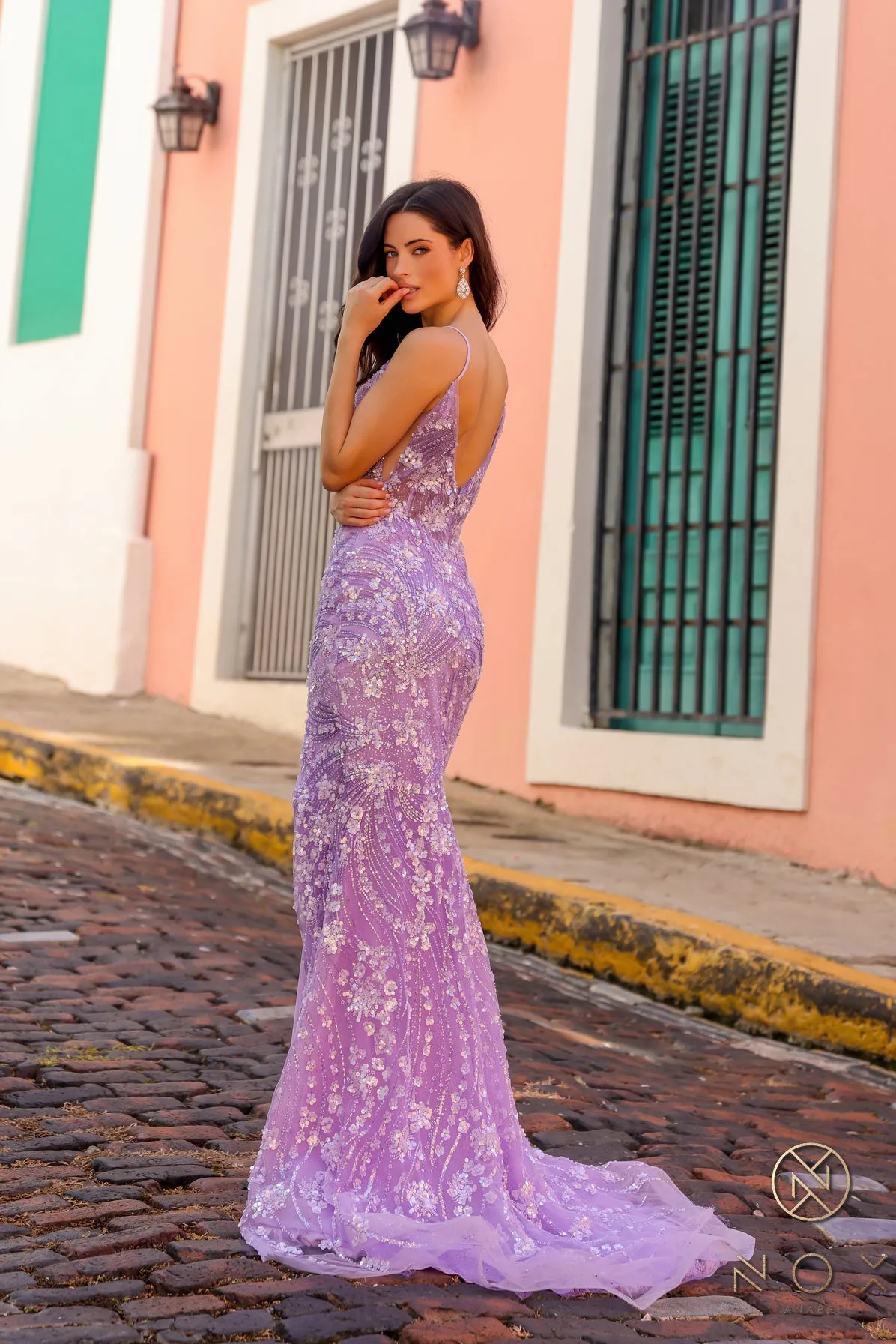 N C1458 - Glitter & 3D Floral Embellished Prom Gown With Sheer Under Arms & Leg Slit