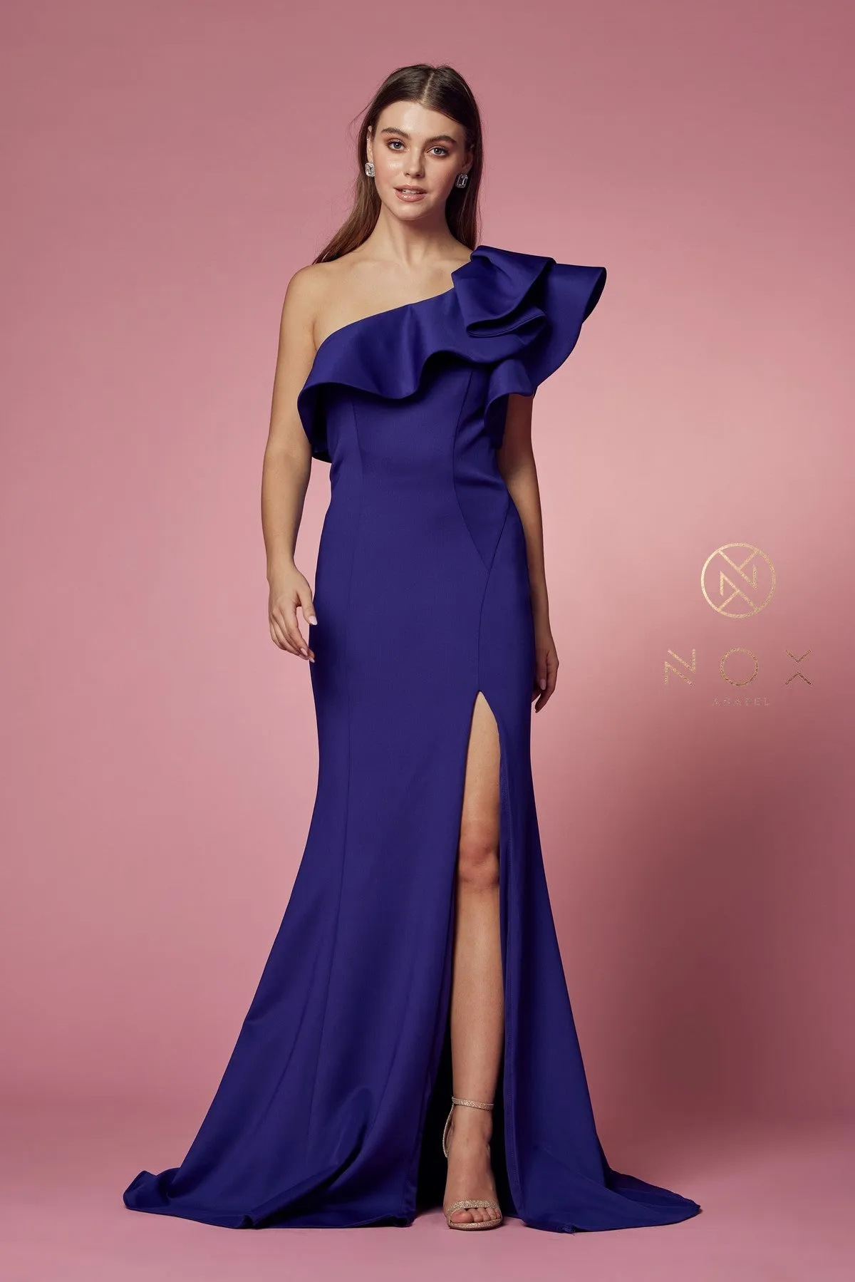 N E467 - One Shoulder Stretch Jersey Fit & Flare Prom Gown with Ruffled Sleeve & Leg Slit