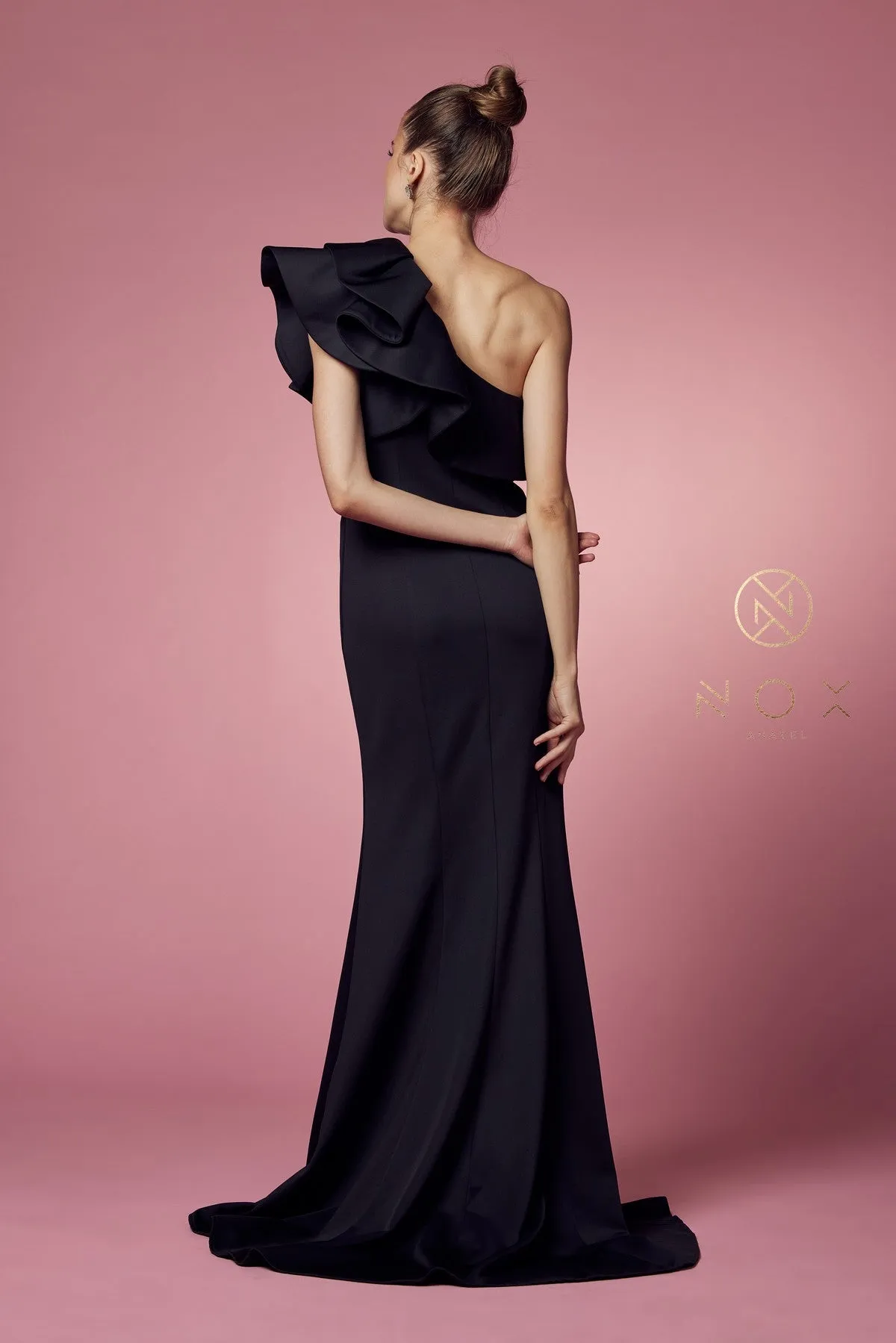 N E467 - One Shoulder Stretch Jersey Fit & Flare Prom Gown with Ruffled Sleeve & Leg Slit