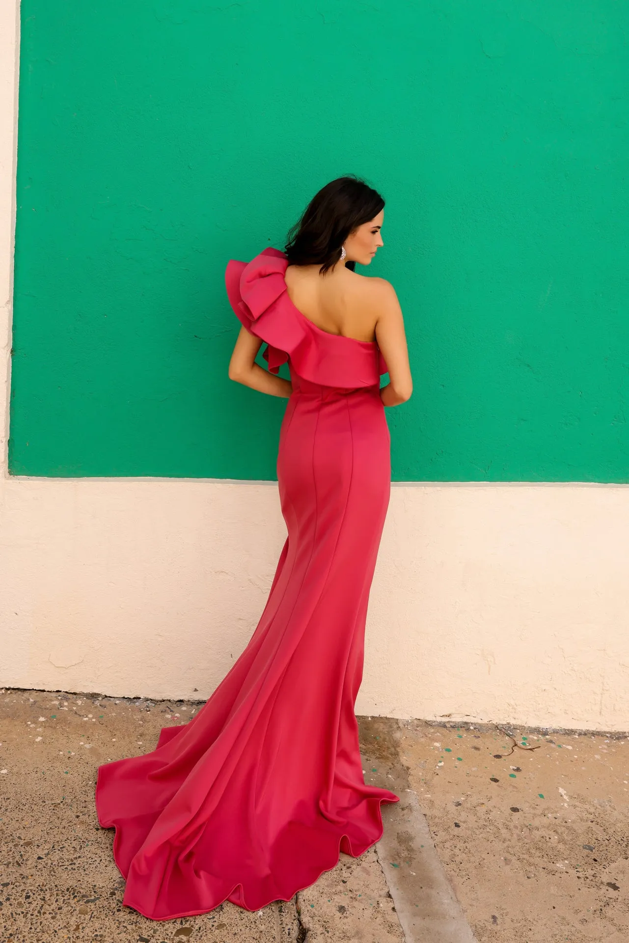 N E467 - One Shoulder Stretch Jersey Fit & Flare Prom Gown with Ruffled Sleeve & Leg Slit