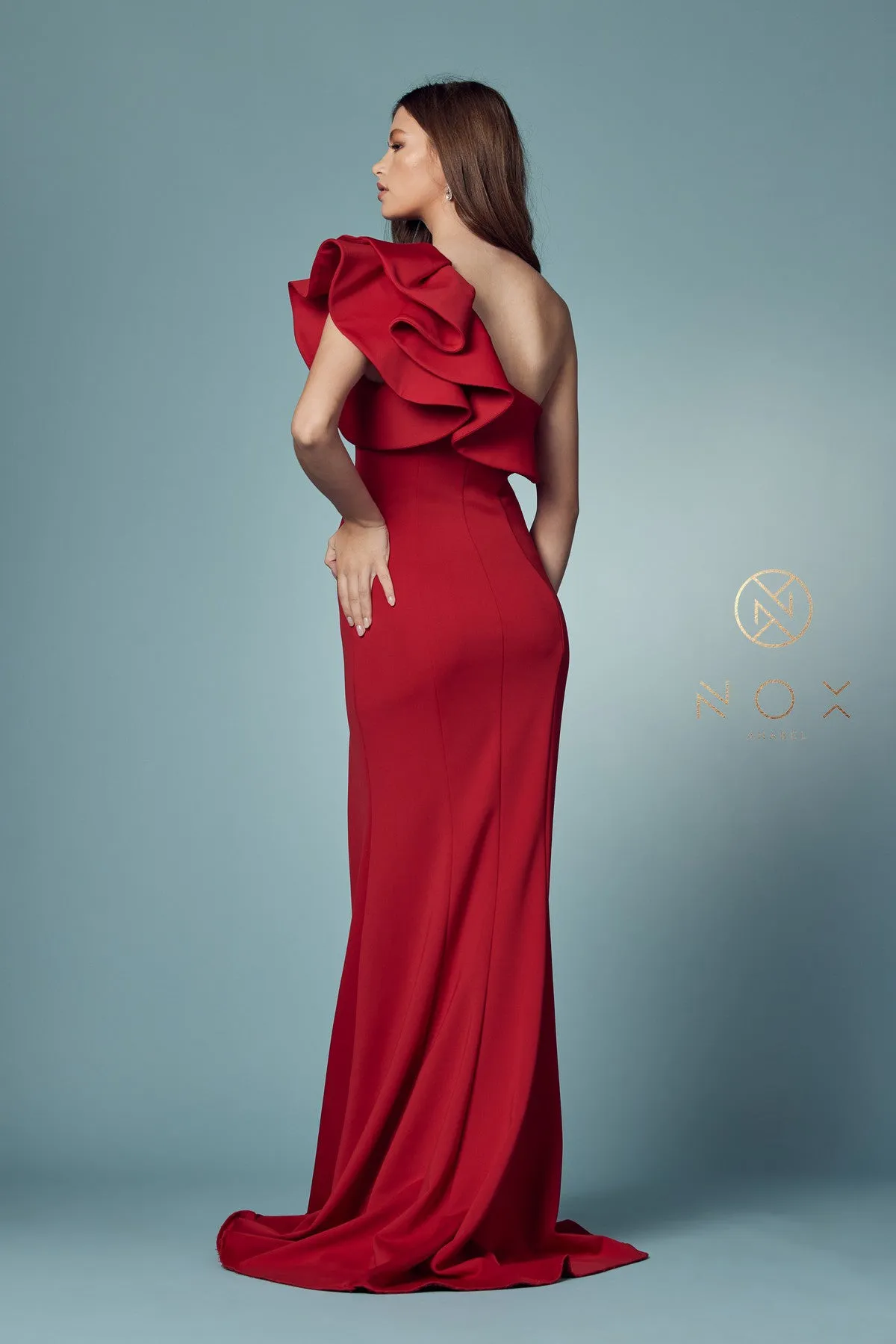 N E467 - One Shoulder Stretch Jersey Fit & Flare Prom Gown with Ruffled Sleeve & Leg Slit