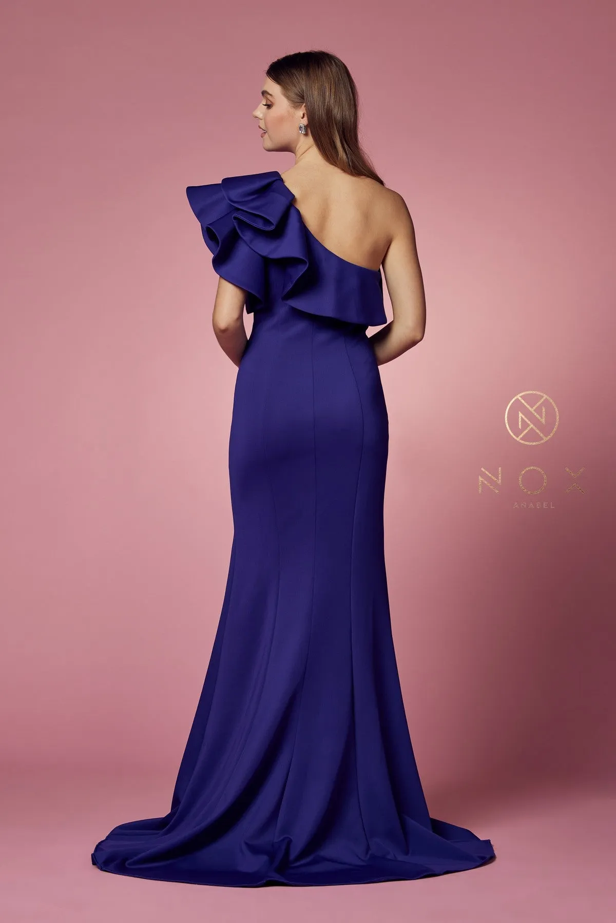 N E467 - One Shoulder Stretch Jersey Fit & Flare Prom Gown with Ruffled Sleeve & Leg Slit