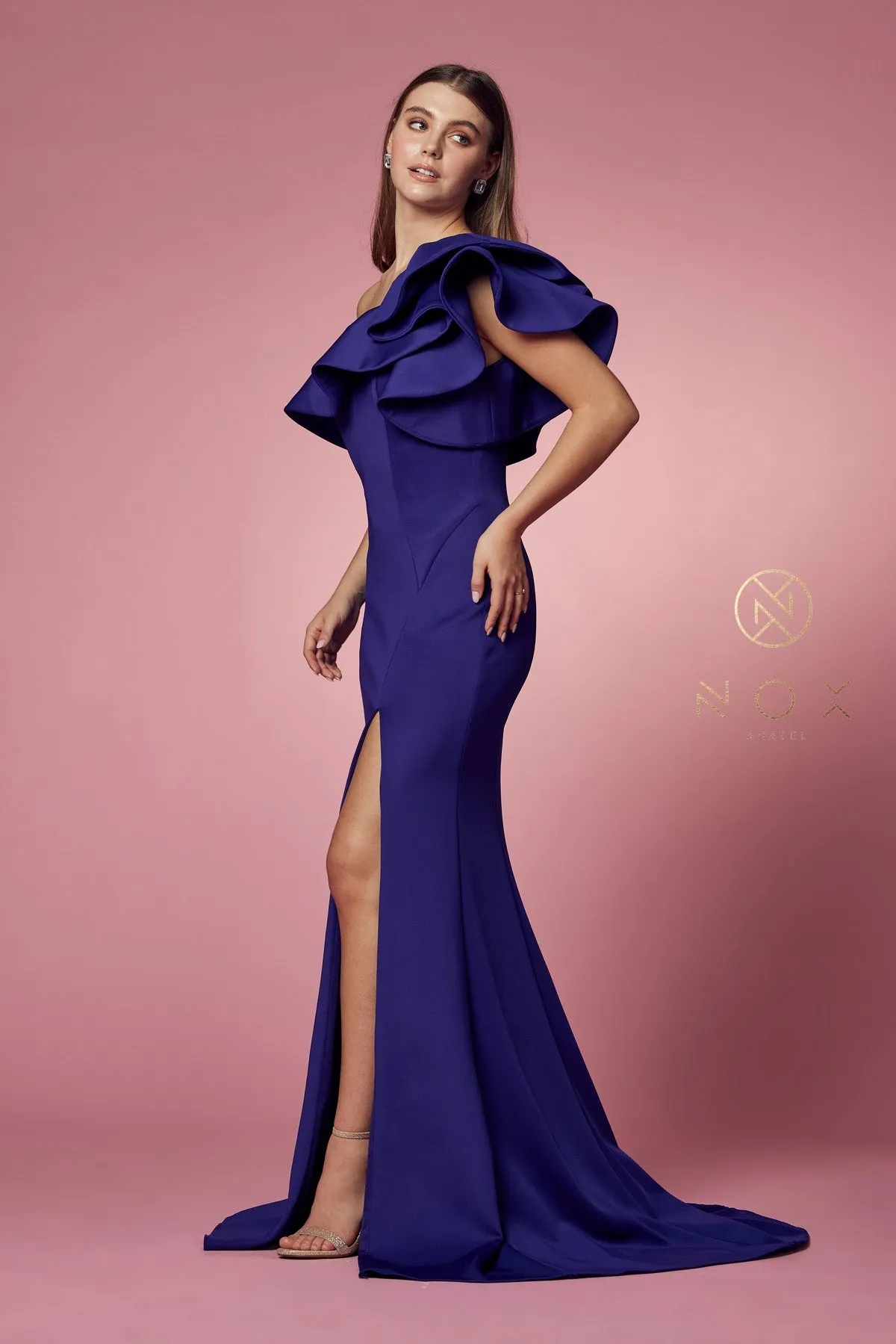 N E467 - One Shoulder Stretch Jersey Fit & Flare Prom Gown with Ruffled Sleeve & Leg Slit