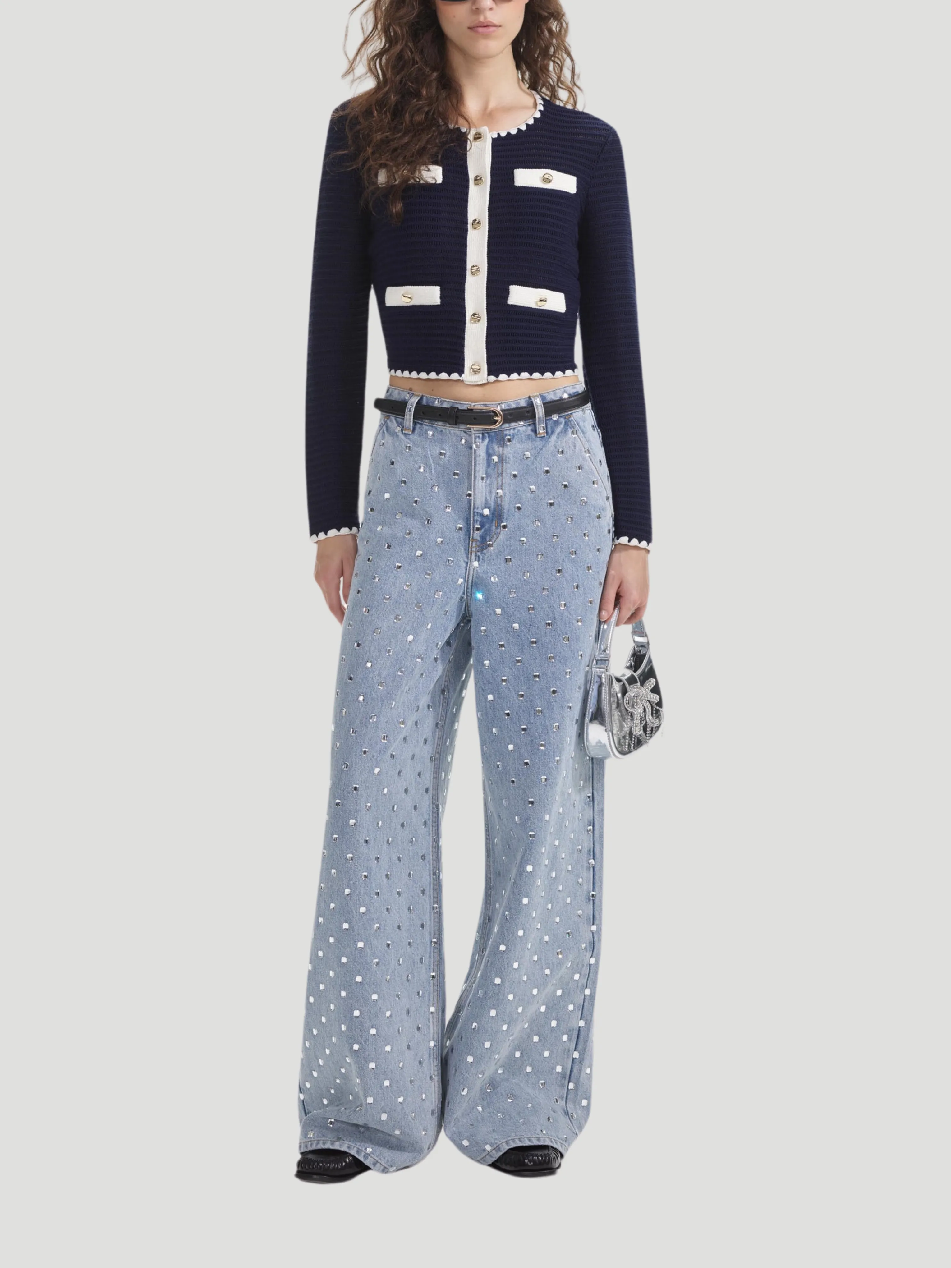 Navy Crochet Contrast-Trim Cardigan