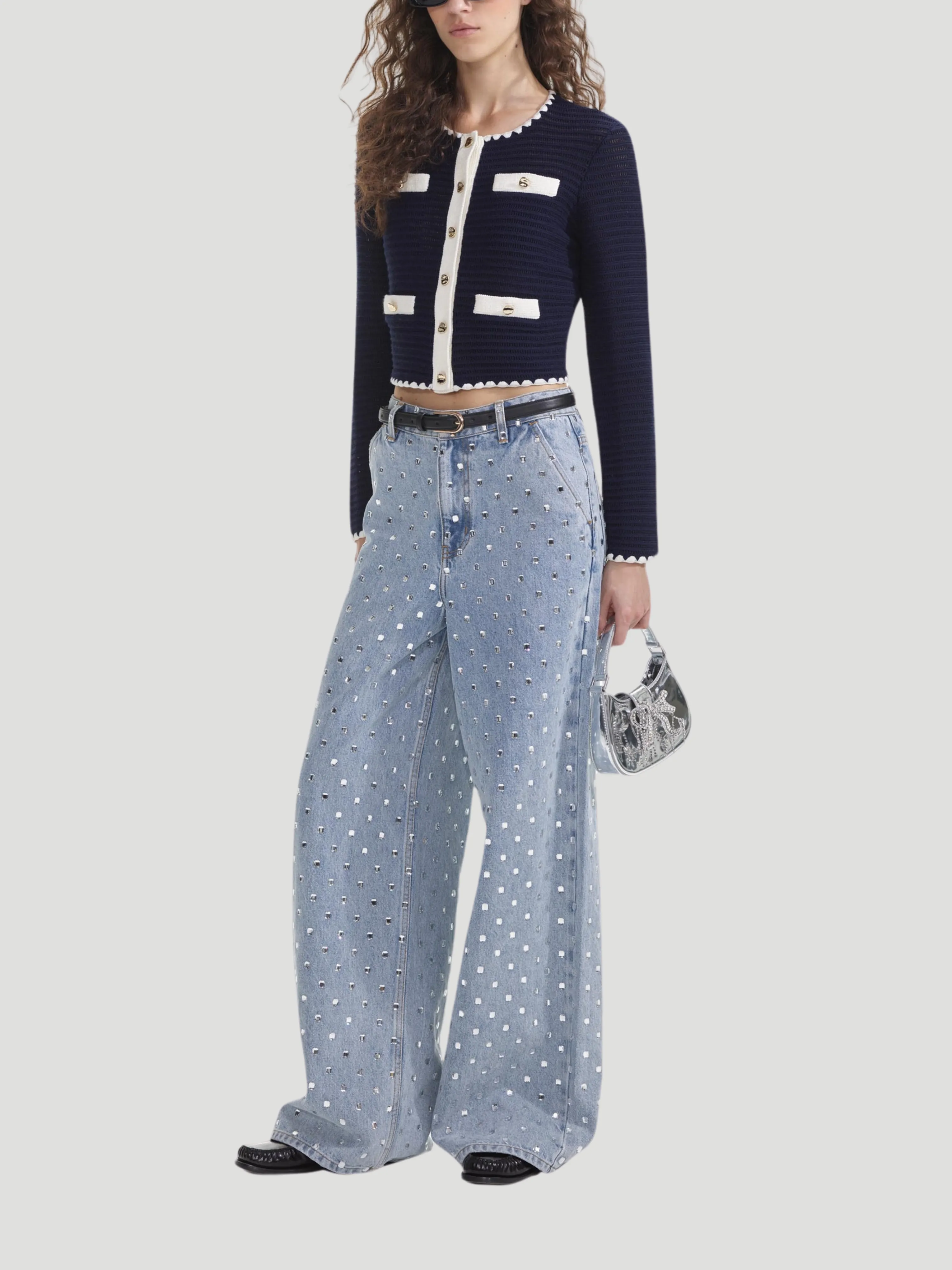 Navy Crochet Contrast-Trim Cardigan