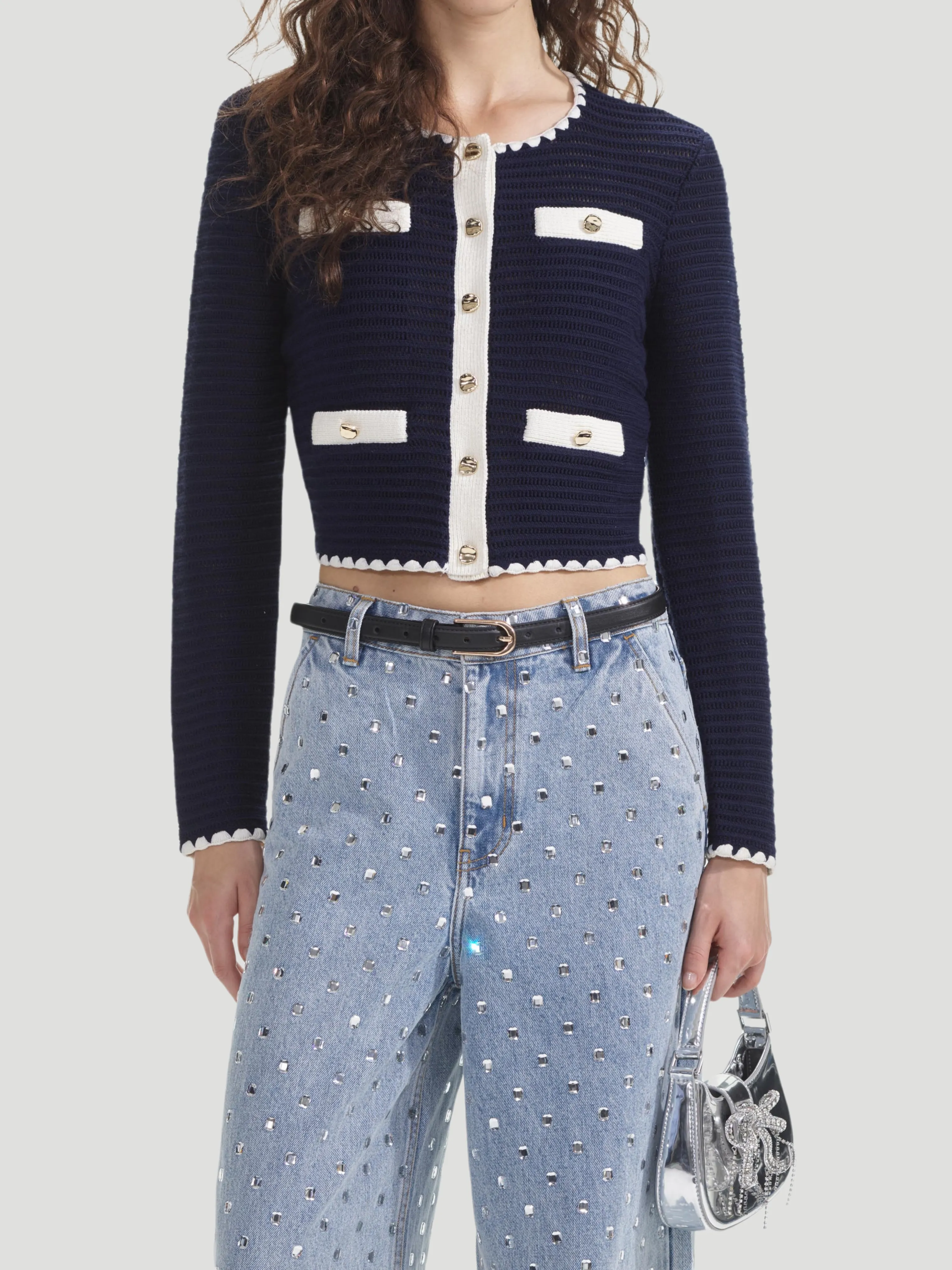 Navy Crochet Contrast-Trim Cardigan